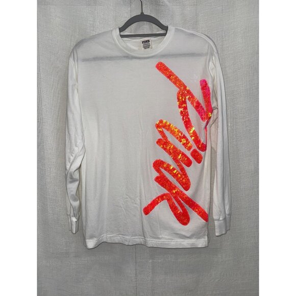 Victorias Secret Pink Sequin Logo White Long Sleeve Top XS - Picture 1 of 4
